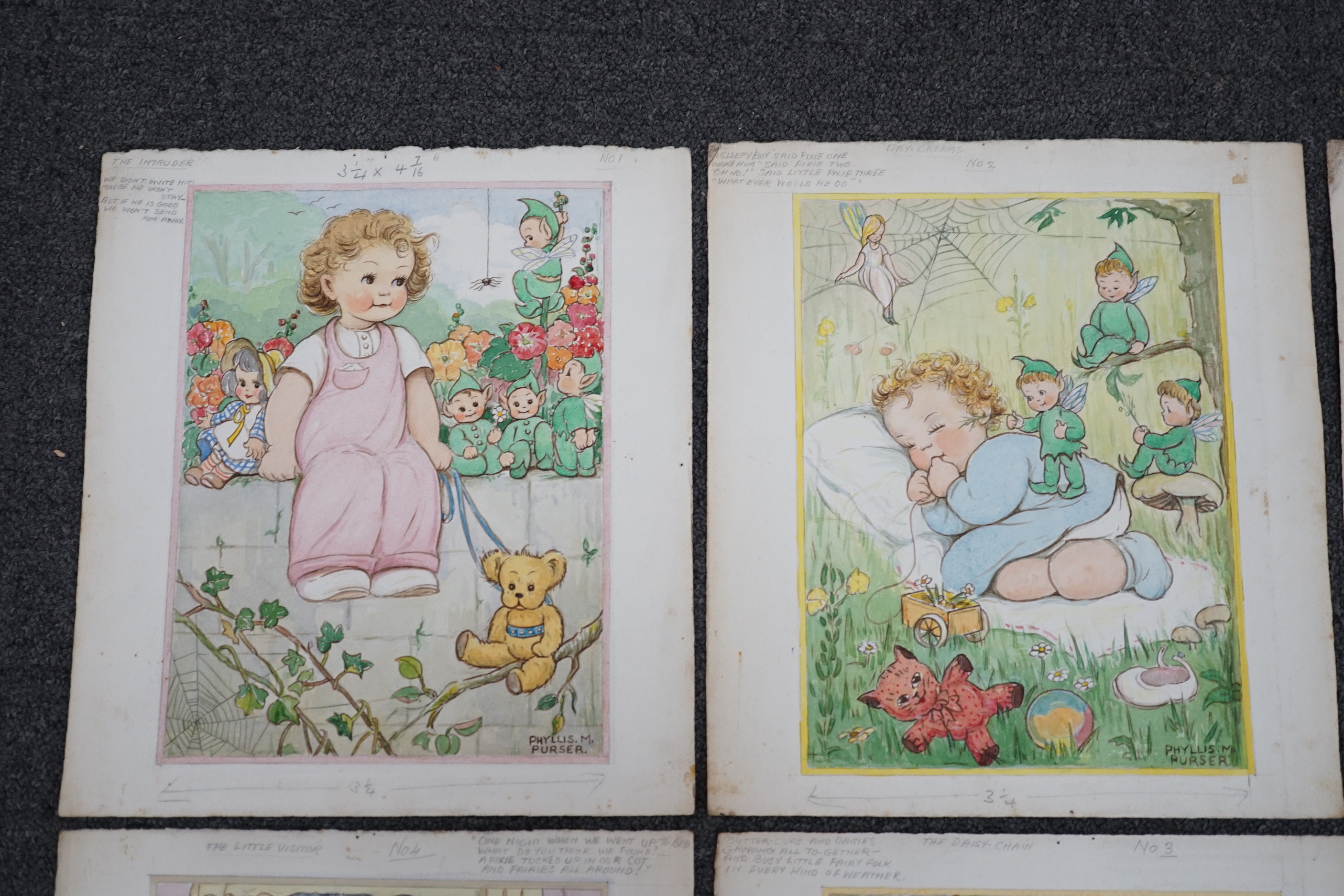 Phyllis Purser (1893-1990), set of six watercolour postcard designs, Humorous Children with Pixies, signed, 26 x 19cm, unframed.